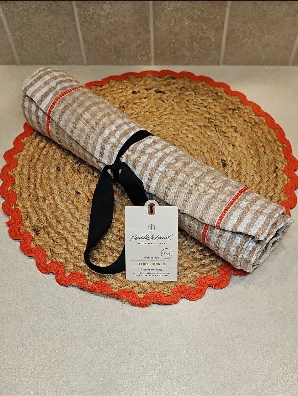 Hearth And Hand Tan Gingham Table Runner 72"×14"